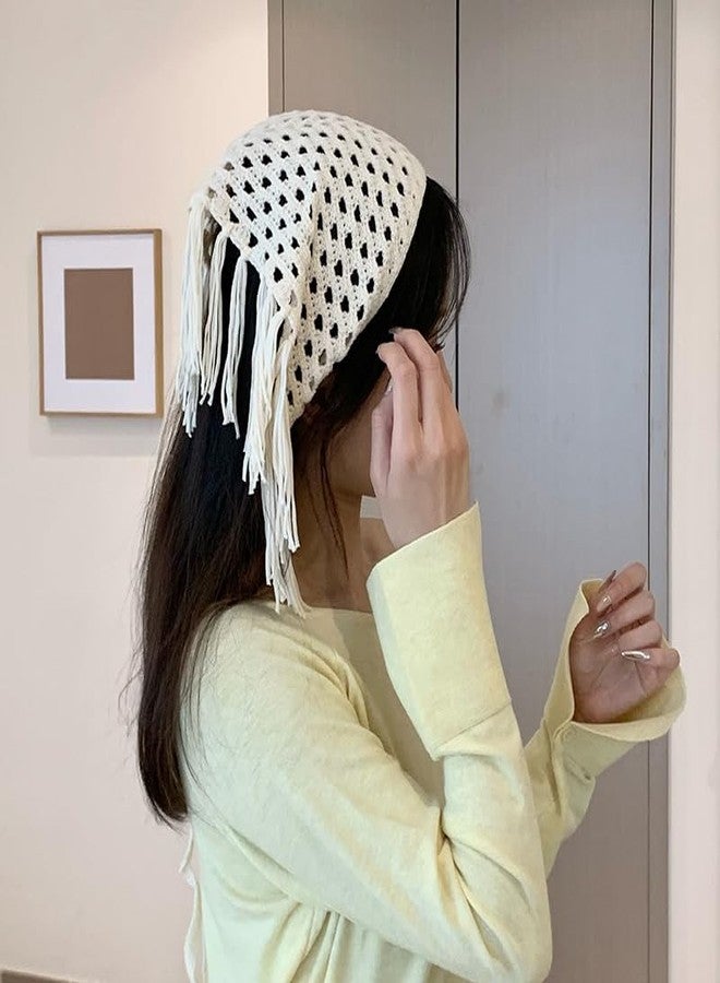 TUCEWP Crochet Bandanas Headbands Beige Vintage Boho Hair Scarf with Tassel Hippie Head Kerchief Knitted Triangle Tie Back Headscarf Hair Accessories for Women Girls Daily Outfit Festival Gift - Image 5